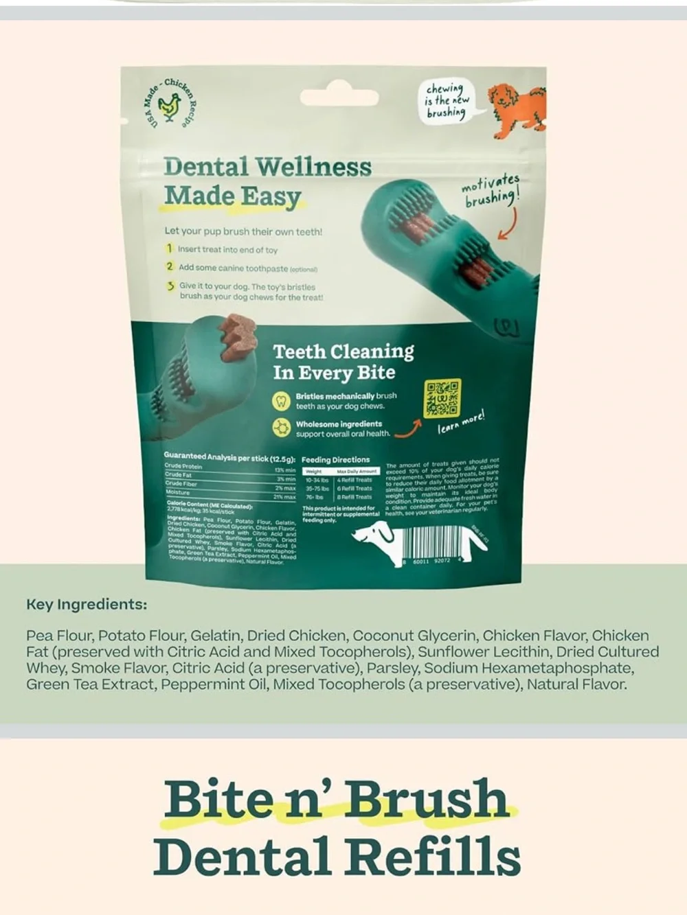 Woof Bite n' Brush Dental Toy & Refill treats Dark Green